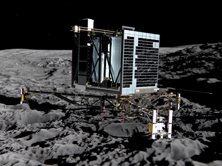So sieht "Rosettas" Landeeinheit "Philae" aus, die sich am 12. November 2014 von der Muttersonde lösen und auf die Oberfläche des Kometen Tschurjumow-Gerassimenko hinabsinken soll.