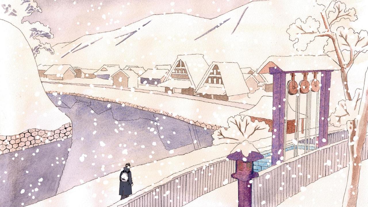 Ein Dorf ist zu sehen, es schneit und ein Mann läuft durch das Bild Ein Dorf ist zu sehen, es schneit und ein Mann läuft durch das Bild