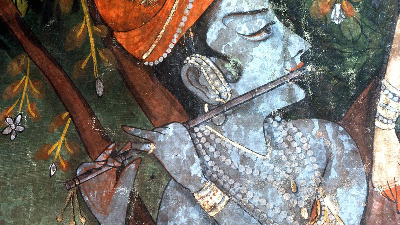 Ein Detail aus einer hinduistischen Darstellung des Gottes Krishna, in der er Flöte spielend dargestellt wird (19. Jahrhundert) Ein Detail aus einer hinduistischen Darstellung des Gottes Krishna, in der er Flöte spielend dargestellt wird (19. Jahrhundert)