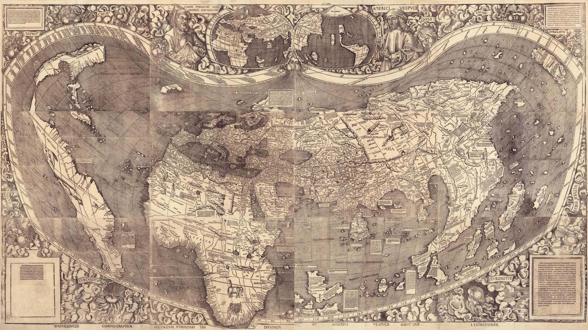 Kolorierter Holzstich der Weltkarte von Martin Waldseemüller. Kolorierter Holzstich der Weltkarte von Martin Waldseemüller.