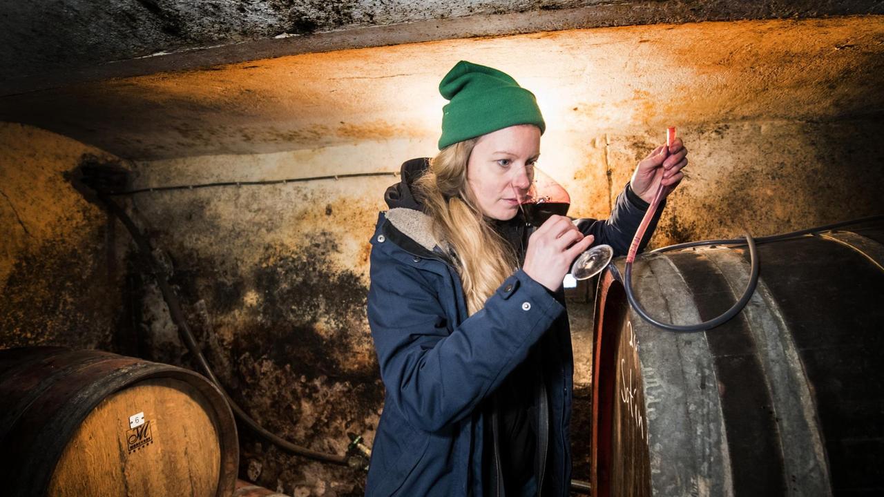 Hanneke Schönhals, Winzerin im Weingut Schönhals, steht bei der Weinprobe im eigenen Weinkeller. Hanneke Schönhals, Winzerin im Weingut Schönhals, steht bei der Weinprobe im eigenen Weinkeller.