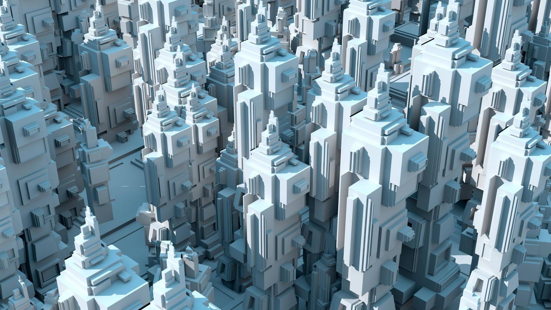 Das Bild zeigt das Modell einer futuristischen Stadt mit vielen Hochhäusern.