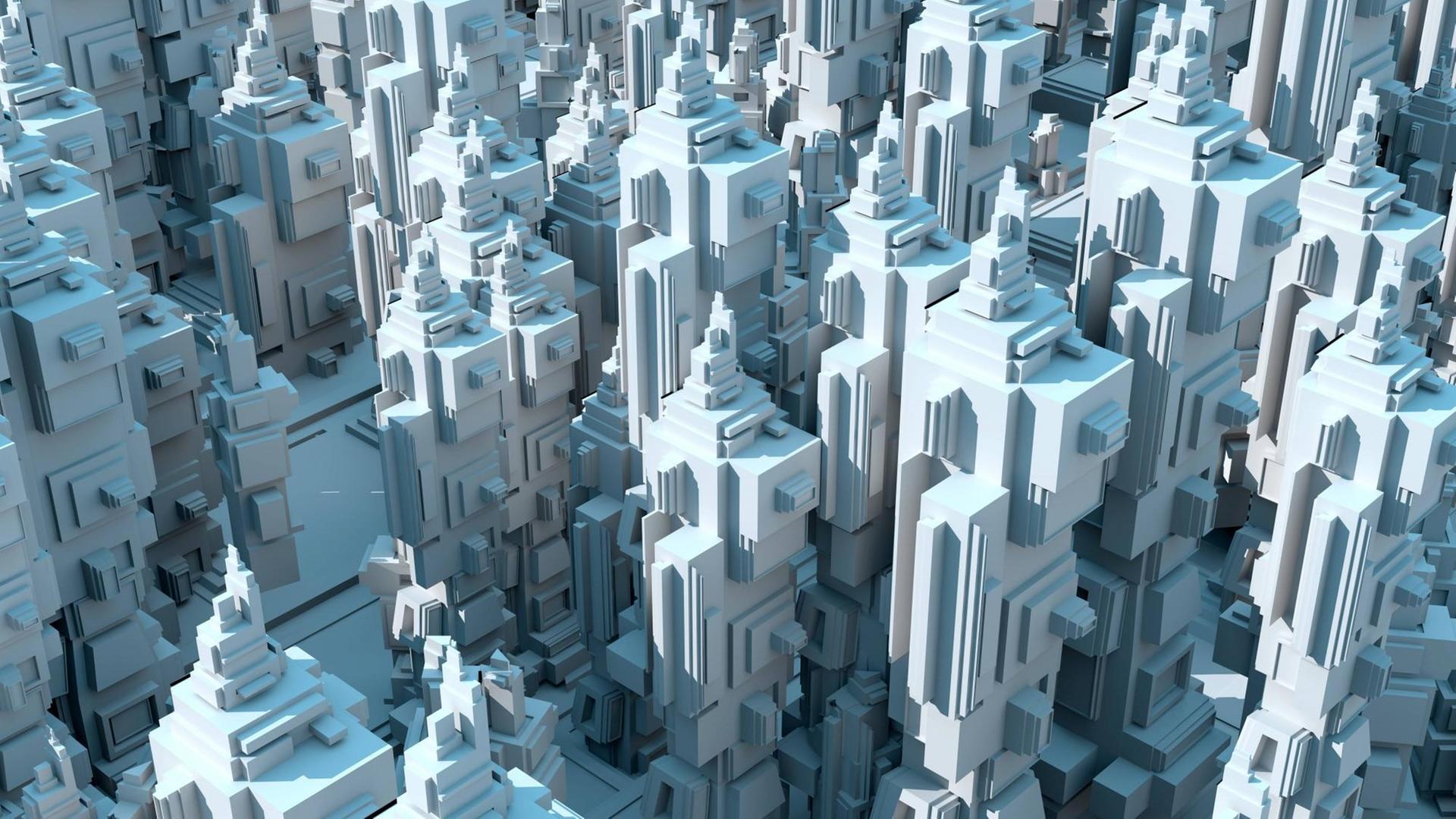 Das Bild zeigt das Modell einer futuristischen Stadt mit vielen Hochhäusern. Das Bild zeigt das Modell einer futuristischen Stadt mit vielen Hochhäusern.