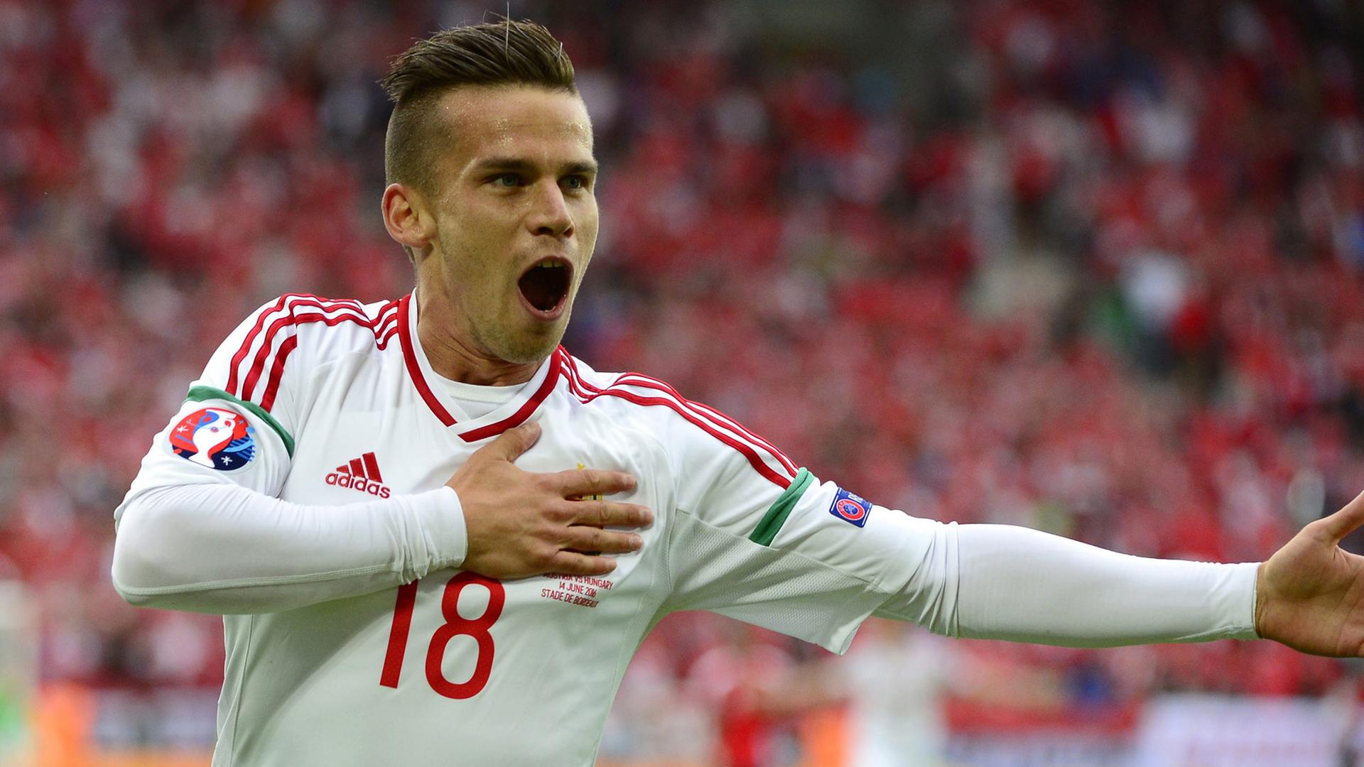Der ungarische Nationalspieler Zoltan Stieber feiert nach seinem Tor zum 2:0 gegen Österreich bei der Fußball-EM 2016 im Stade de Bordeaux. Der ungarische Nationalspieler Zoltan Stieber feiert nach seinem Tor zum 2:0 gegen Österreich bei der Fußball-EM 2016 im Stade de Bordeaux.