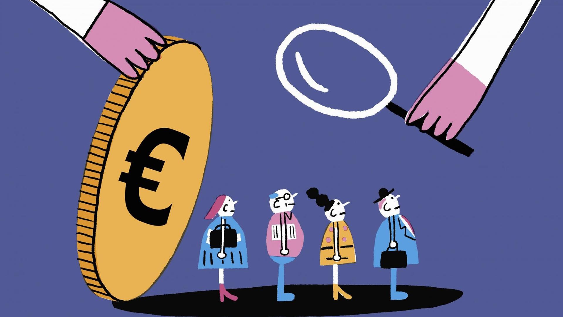 Illustration von Händen mit einer Lupe die Menschen unter einer Euro-Münze untersuchen. Illustration von Händen mit einer Lupe die Menschen unter einer Euro-Münze untersuchen.