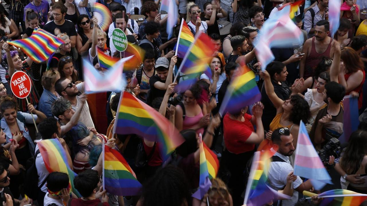 Die Teilnehmer einer nicht genehmigten "Gay Pride" Kundgebung in der türkischen Metropole Istanbul Die Teilnehmer einer nicht genehmigten "Gay Pride" Kundgebung in der türkischen Metropole Istanbul
