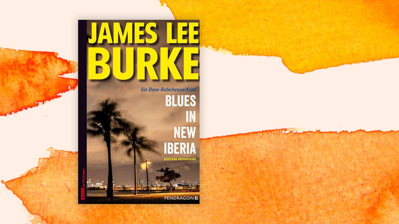 Das Cover von James Lee Burkes Buch: "Blues in New Iberia" auf orange-weißem Hintergrund. Auf dem Cover-Foto neigen sich Palmen im Wind leicht nach links, im Hintergrund ist eine Laterne zu sehen.