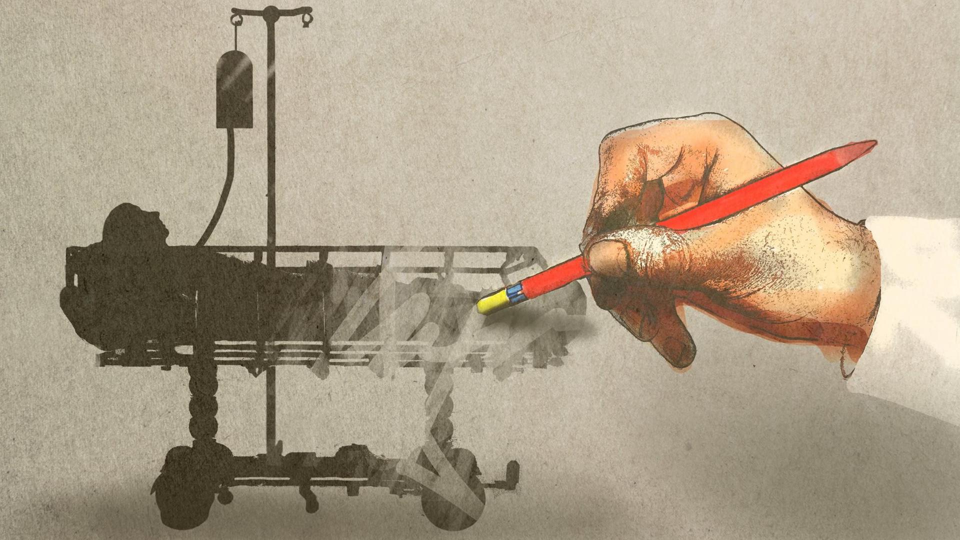 Eine Hand radiert die gezeichnete Silhouette einer Person in einem Krankenhausbett weg. Eine Hand radiert die gezeichnete Silhouette einer Person in einem Krankenhausbett weg.