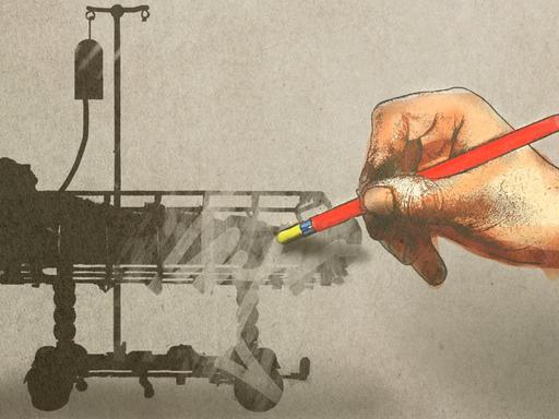 Eine Hand radiert die gezeichnete Silhouette einer Person in einem Krankenhausbett weg.