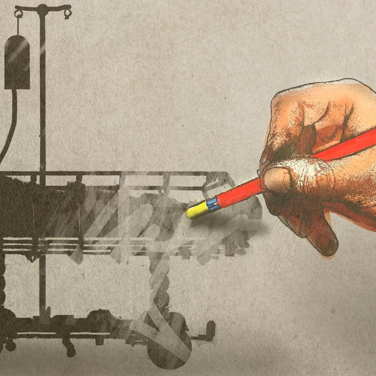 Eine Hand radiert die gezeichnete Silhouette einer Person in einem Krankenhausbett weg.