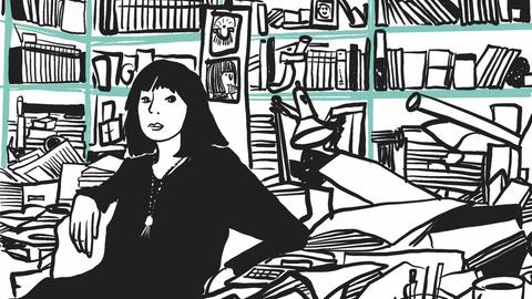 Die Illustration von Moni Port im gemeinsam mit Andrea Gerk produzierten Buch "Ich bin da mal raus. Ideen gegen den Optimierungswahn" zeigt eine Frau, die inmitten eines chaotisch wirkenden Zimmers sitzt.