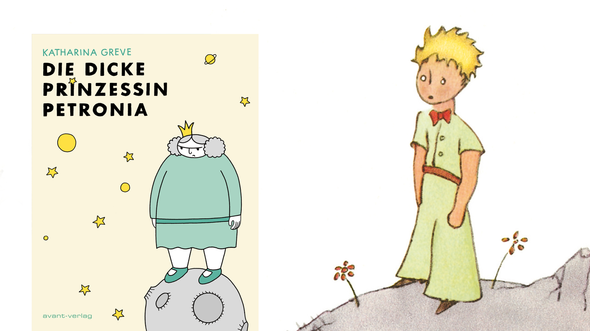 Buchcover zu Katharina Greves Comic "Die dicke Prinzessin Petronia", im Hintergrund eine Zeichnung von Antoine de Saint Exupérys kleinem Prinzen Buchcover zu Katharina Greves Comic "Die dicke Prinzessin Petronia", im Hintergrund eine Zeichnung von Antoine de Saint Exupérys kleinem Prinzen