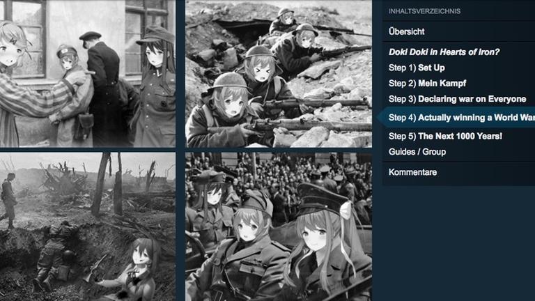 Das Bild zeigt Aufnahmen von NS-Soldaten, deren Gesichter mit Manga-Bildern ersetzt wurden