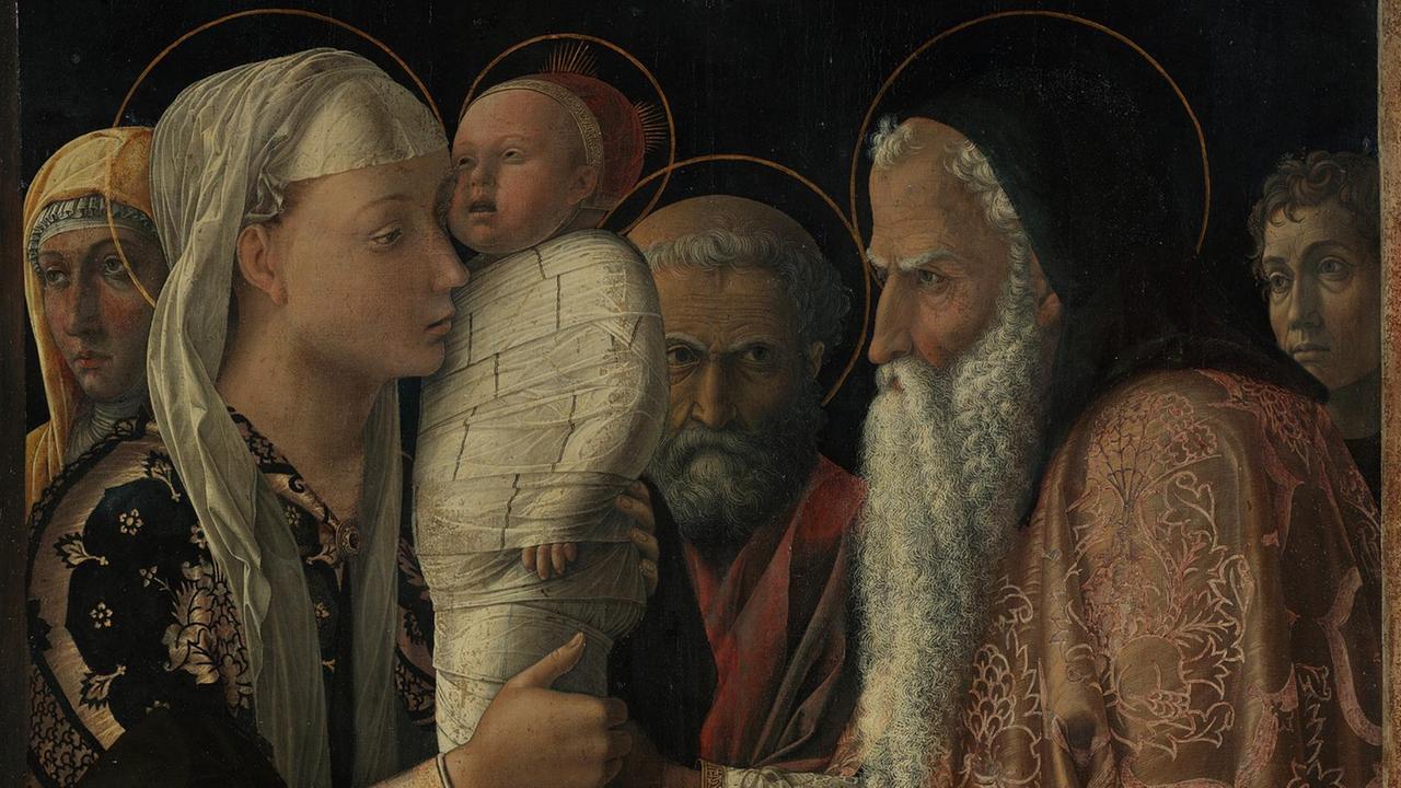 Das Gemälde von Andrea Mantegna aus dem Jahr 1454 ist in Eitempera auf Leinwand gemalt. Es zeigt den in weißen Stoff gewickelten Jesus auf dem Arm von Maria wie er verschiedenen Heiligen im Tempel präsentiert wird. Das Gemälde von Andrea Mantegna aus dem Jahr 1454 ist in Eitempera auf Leinwand gemalt. Es zeigt den in weißen Stoff gewickelten Jesus auf dem Arm von Maria wie er verschiedenen Heiligen im Tempel präsentiert wird.