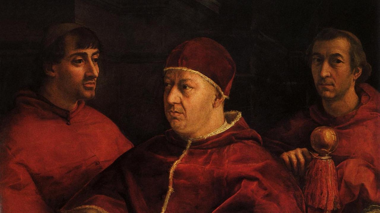 Porträt des Papstes Leo X., alias Giovanni de’ Medici, mit den Kardinälen Giulio de’ Medici, dem späteren Clemens VII. und Luigi de’ Rossi, Gemälde von Raffael, um 1518–1519, Florenz, Uffizien Porträt des Papstes Leo X., alias Giovanni de’ Medici, mit den Kardinälen Giulio de’ Medici, dem späteren Clemens VII. und Luigi de’ Rossi, Gemälde von Raffael, um 1518–1519, Florenz, Uffizien