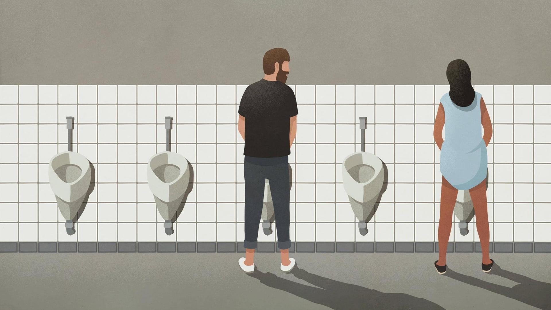 Eine Illustration zeigt einen Mann und eine transsexuelle Frau in der Rückansicht, die an Urinalen in einer öffentlichen Toilette stehen. Eine Illustration zeigt einen Mann und eine transsexuelle Frau in der Rückansicht, die an Urinalen in einer öffentlichen Toilette stehen.