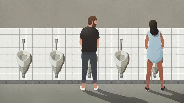 Eine Illustration zeigt einen Mann und eine transsexuelle Frau in der Rückansicht, die an Urinalen in einer öffentlichen Toilette stehen.