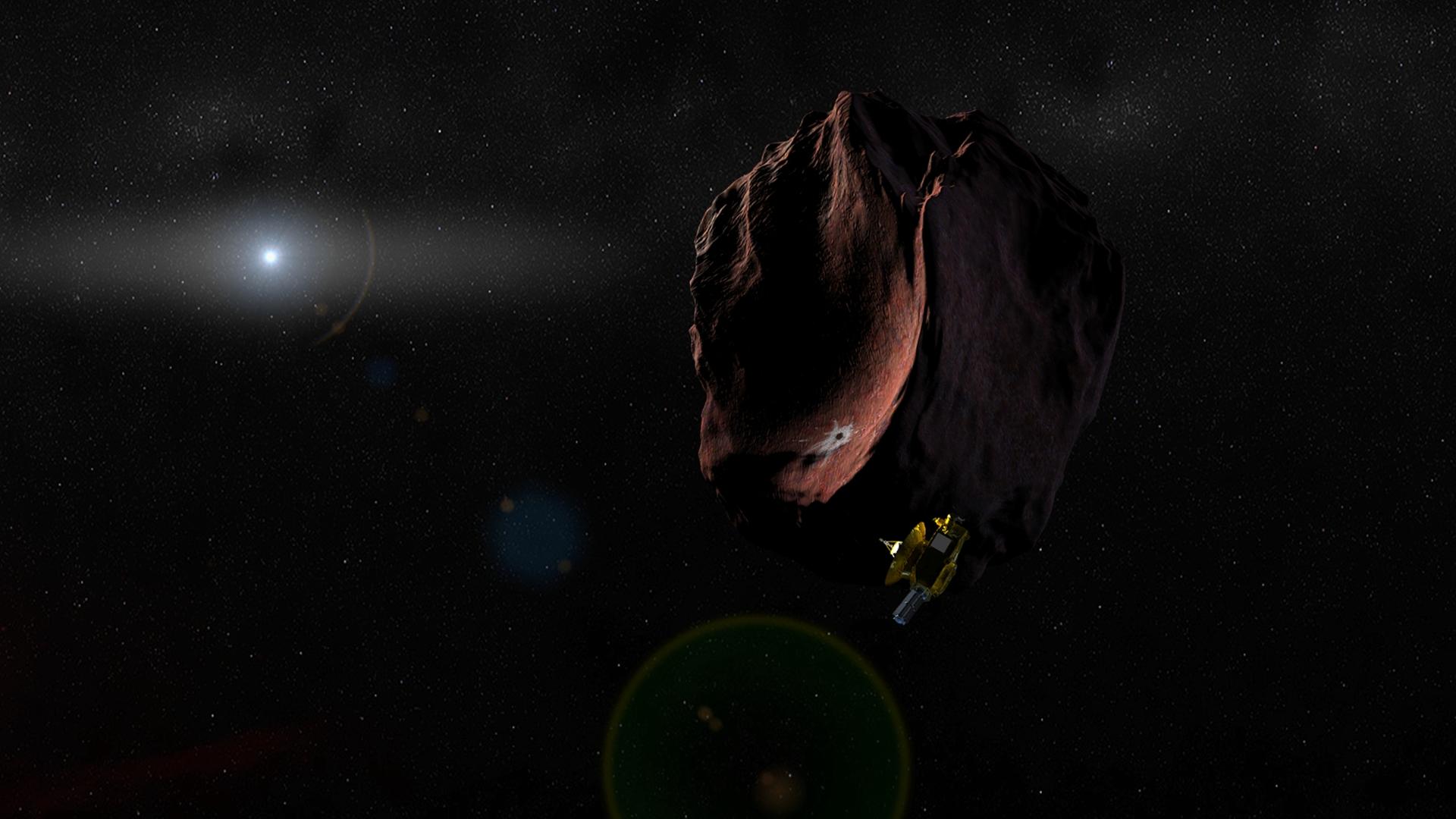 Künstlerische Darstellung des Vorbeiflugs von New Horizon an einem Objekt des Kuiper-Gürtel.