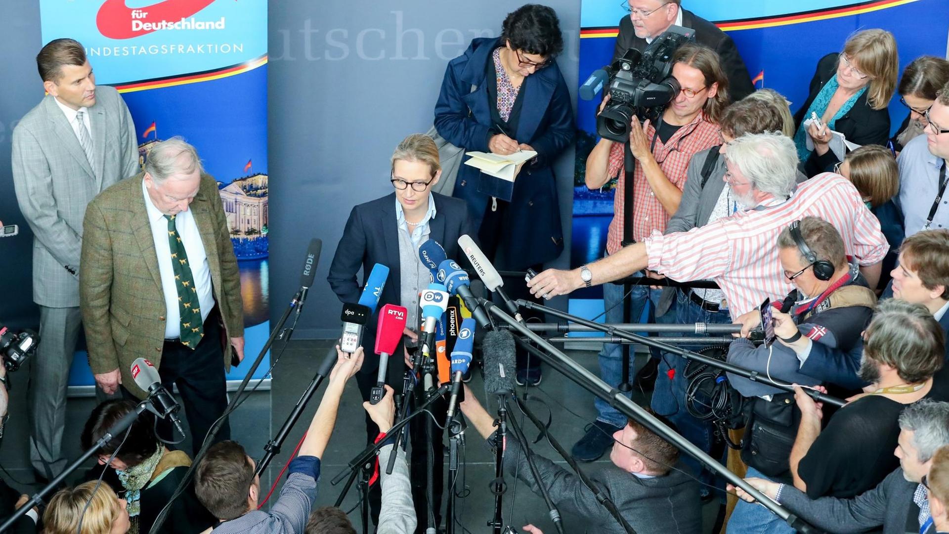 Alexander Gauland und Alice Weidel, umringt von Mikrofonen und Journalisten. Alexander Gauland und Alice Weidel, umringt von Mikrofonen und Journalisten.
