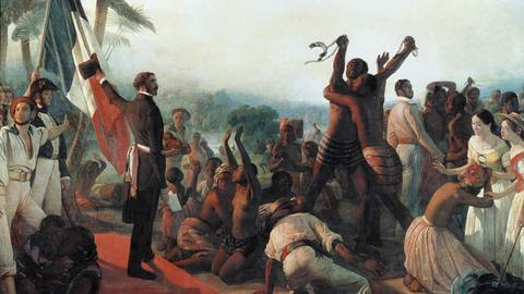 Proklamation der Abschaffung der Sklaverei in den französischen Kolonien, 23. April 1848 in einem Gemälde von Francois Auguste Biard (1799-1882).