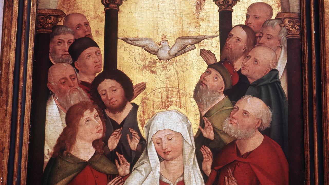 Das Gemälde eines südschwäbischen Meisters um 1480 mit dem sakralen Thema: "Die Ausgießung des Heiligen Geistes". Die Gläubigen werden durch eine Taube mit dem heiligen Geist erfüllt. 