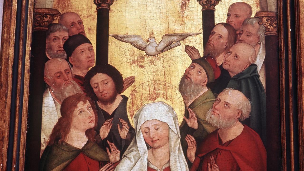 Das Gemälde eines südschwäbischen Meisters um 1480 mit dem sakralen Thema: "Die Ausgießung des Heiligen Geistes". Die Gläubigen werden durch eine Taube mit dem heiligen Geist erfüllt. Das Gemälde eines südschwäbischen Meisters um 1480 mit dem sakralen Thema: "Die Ausgießung des Heiligen Geistes". Die Gläubigen werden durch eine Taube mit dem heiligen Geist erfüllt.