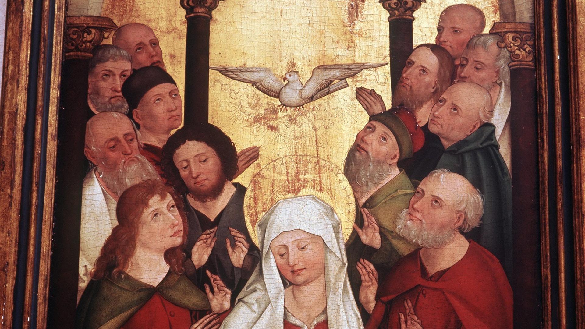Das Gemälde eines südschwäbischen Meisters um 1480 mit dem sakralen Thema: "Die Ausgießung des Heiligen Geistes". Die Gläubigen werden durch eine Taube mit dem heiligen Geist erfüllt. Das Gemälde eines südschwäbischen Meisters um 1480 mit dem sakralen Thema: "Die Ausgießung des Heiligen Geistes". Die Gläubigen werden durch eine Taube mit dem heiligen Geist erfüllt.