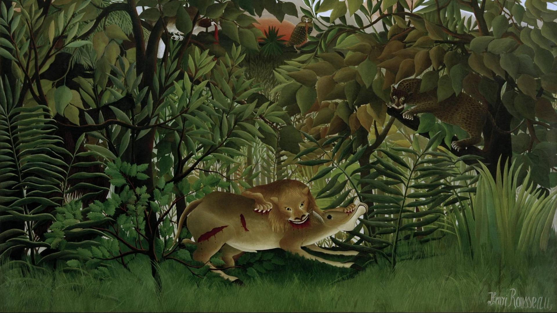 'Le Lion, ayant faim, se jette sur l'Antilope' (Der hungrige Löwe wirft sich auf die Antilope) von Henri Rousseau (1844-1910) in Öl auf Leinwand 'Le Lion, ayant faim, se jette sur l'Antilope' (Der hungrige Löwe wirft sich auf die Antilope) von Henri Rousseau (1844-1910) in Öl auf Leinwand