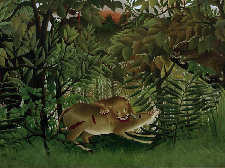 'Le Lion, ayant faim, se jette sur l'Antilope' (Der hungrige Löwe wirft sich auf die Antilope) von Henri Rousseau (1844-1910) in Öl auf Leinwand