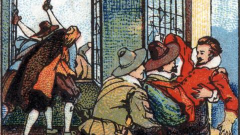 Zeichnerische Darstellung des Prager Fenstersturzes, der zum Dreißigjährigen Krieg führte. Chromolithographie von 1936. (Datum geschätzt)