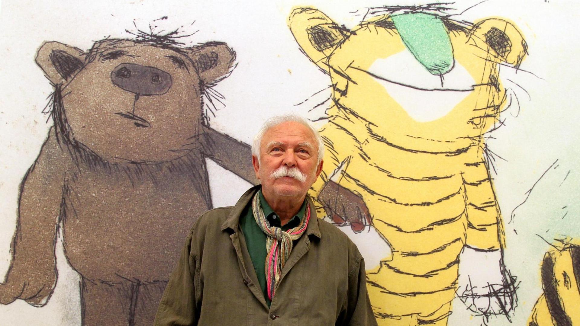 Der Illustrator und Geschichtenerzähler Janosch vor seinem Bild "Der Tiger mit grüner Nase" aus dem Jahr 2005 Der Illustrator und Geschichtenerzähler Janosch vor seinem Bild "Der Tiger mit grüner Nase" aus dem Jahr 2005