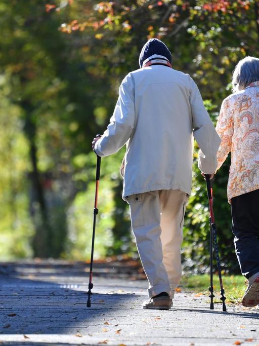 Ein altes Ehepaar beim Nordic Walking.