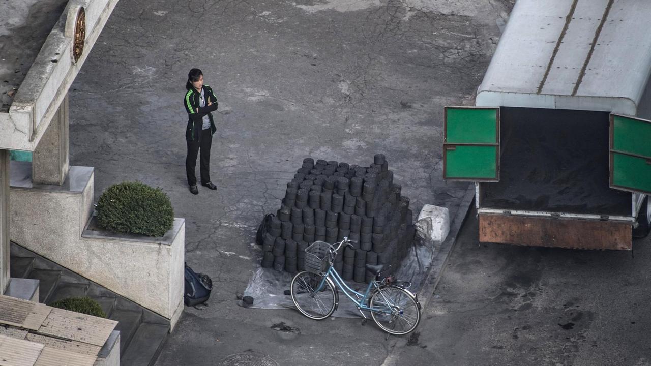 Eine Nordkoreanerin steht vor einem Lastwagen, der Kohle liefert. 
