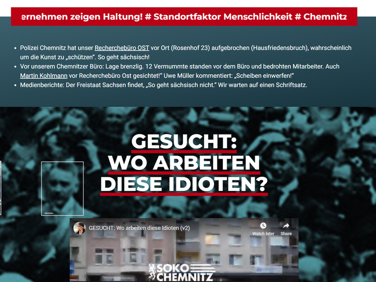 Screenshot der Webseite https://soko-chemnitz.de/. Dort ruft das Künstlerkollektiv "Zentrum für politische Schönheit" dazu auf, Menschen, die angeblich an rechtsradikalen Demos teilgenommen haben, zu denunziieren.