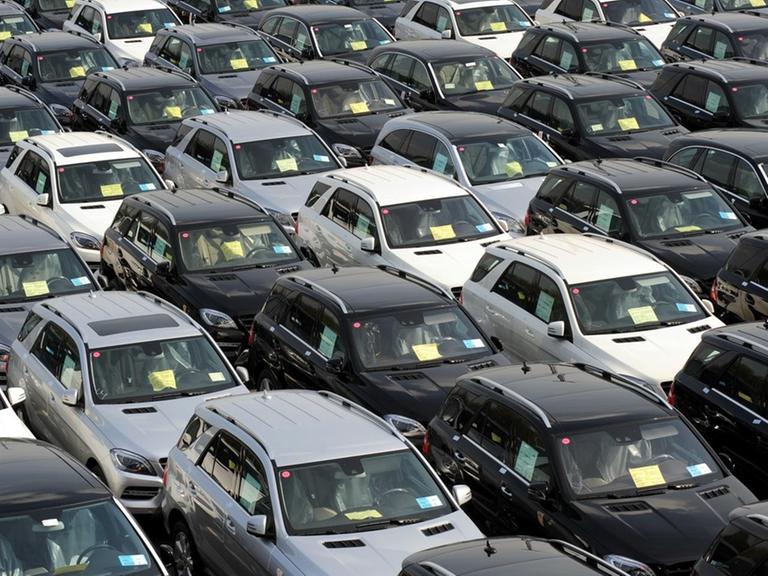 Hunderte geparkte Autos stehen auf einem Autoterminal in Bremerhaven