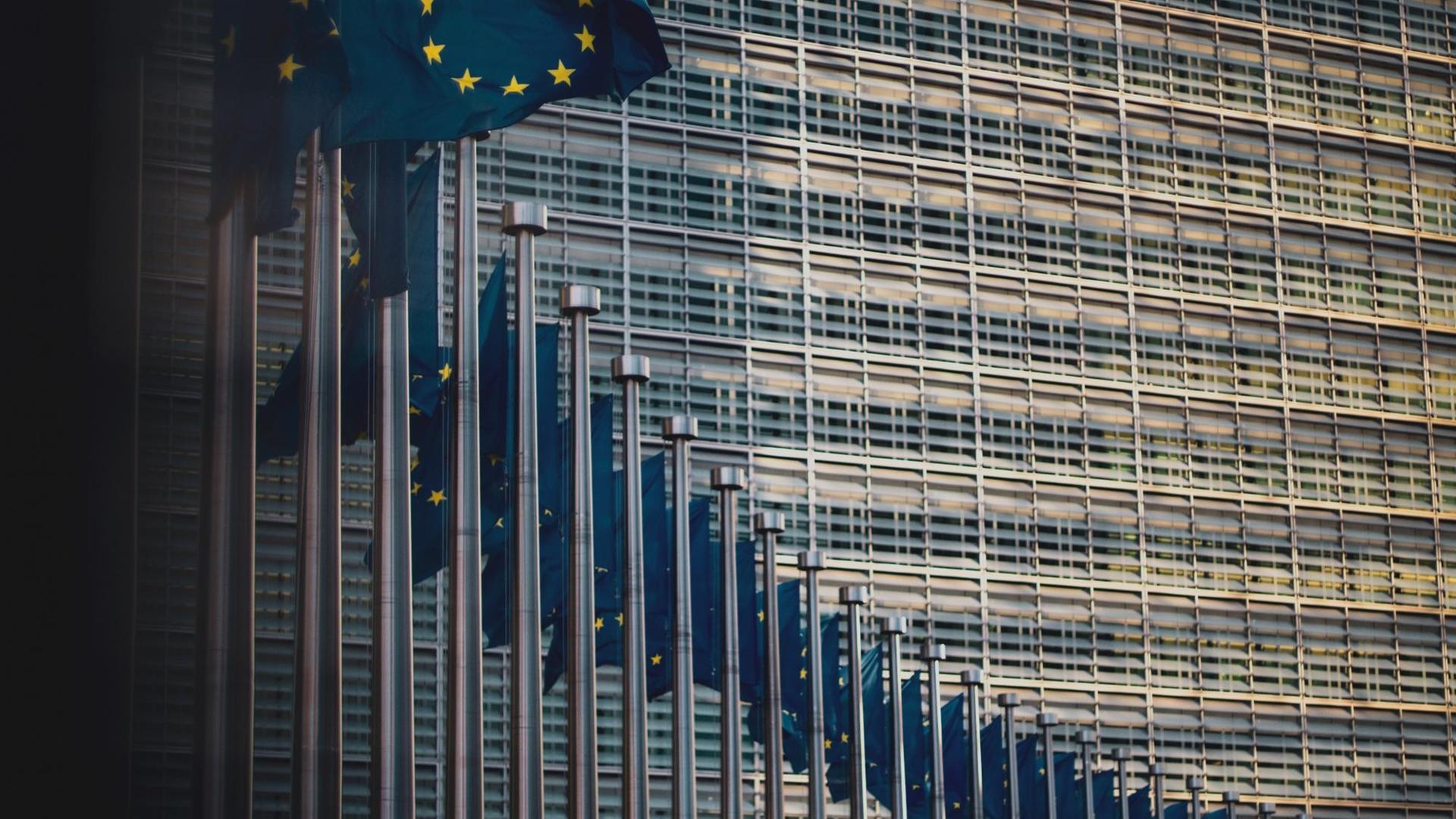 EU-Flaggen vor einem Gebäude der EU-Kommission in Brüssel