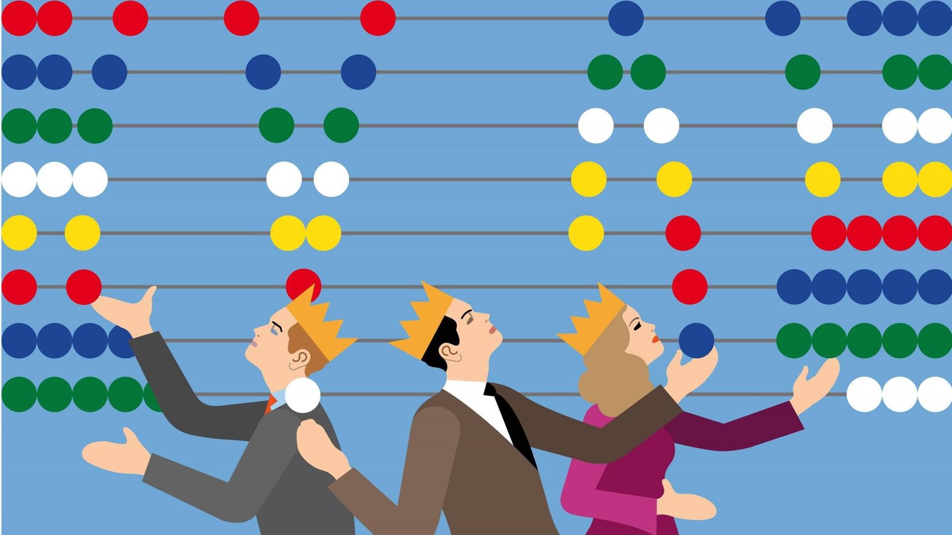 Zeichnung von zwei Männern und einer Frau, die Kronen tragen und einen Abacus benutzen. Es sieht aus, als ob sie mit den Kugeln jonglieren. Zeichnung von zwei Männern und einer Frau, die Kronen tragen und einen Abacus benutzen. Es sieht aus, als ob sie mit den Kugeln jonglieren.