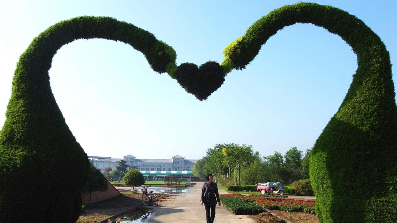 Pflanzenskulpturen formen ein Herz in einem Park in China