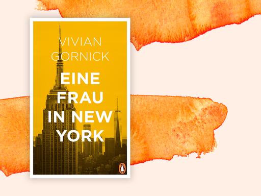 Orangenes Buchcover mit der Skyline von New York, vor einem Aquarell-Hintergrund.