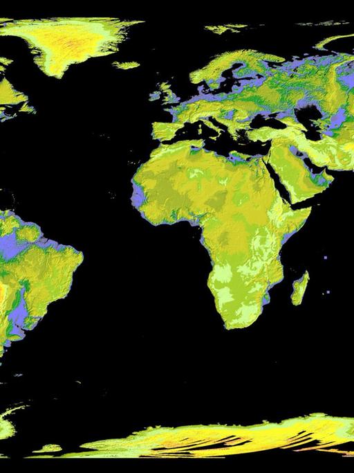 Umfassendste digitale Karte zeigt die Oberfläche der Erde - sie deckt 99 Prozent der Landfläche ab. Die höchsten Erhebungen sind in orange, rot und weiß dargestellt, mittlere Erhebungen sind grün und gelb illustriert. Die violetten Farben markieren das flache Land.