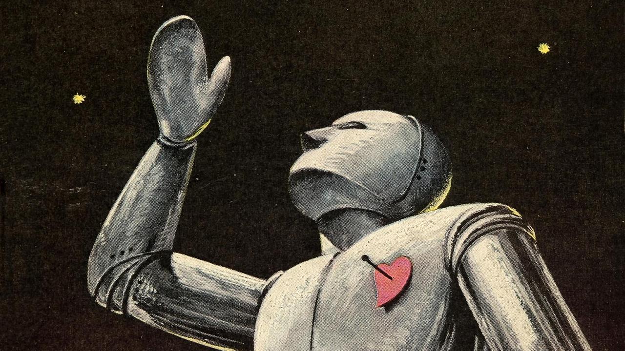 Auf einem Magazincover aus dem Jahr 1949 ist eine Zeichnung zu sehen: ein Roboter, der seine Hand zum dunklen Sternenhimmel hin hebt. Auf einem Magazincover aus dem Jahr 1949 ist eine Zeichnung zu sehen: ein Roboter, der seine Hand zum dunklen Sternenhimmel hin hebt.