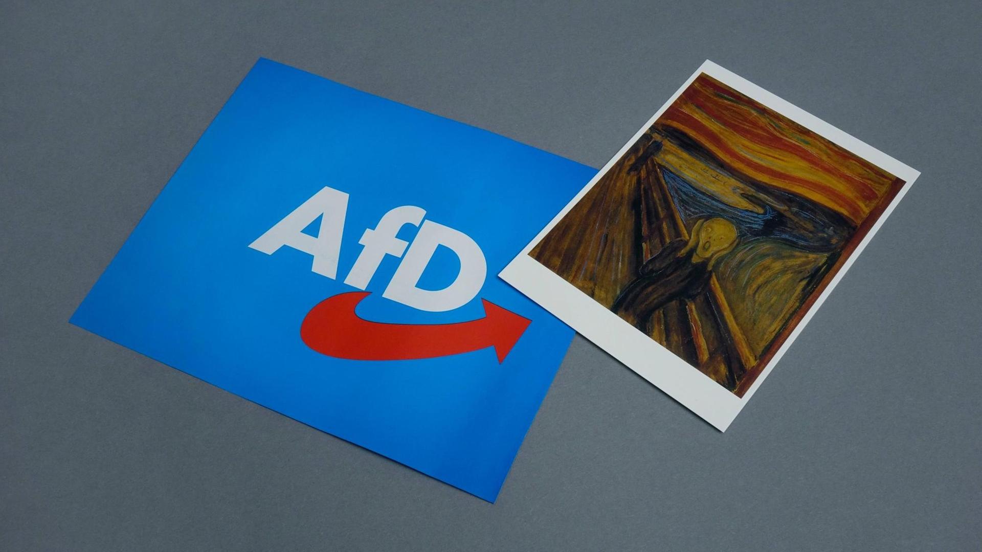 Das Logo der AfD und eine Postkarte mit dem Motiv "Der Schrei" von Edvard Munch. Das Logo der AfD und eine Postkarte mit dem Motiv "Der Schrei" von Edvard Munch.