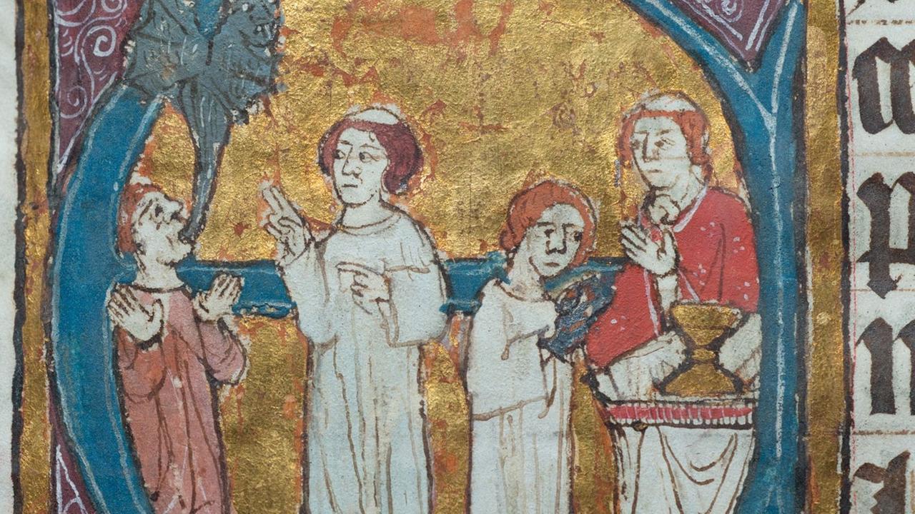 Diese Zierinitiale als Deckfarbenmalerei mit Gold zeigt eine Teufelsaustreibung, aufgenommen in Stralsund in einer Handschrift mit dem Titel Liber ordinarius (= Regelungen für liturgische Handlungen) aus dem 15. Jahrhundert