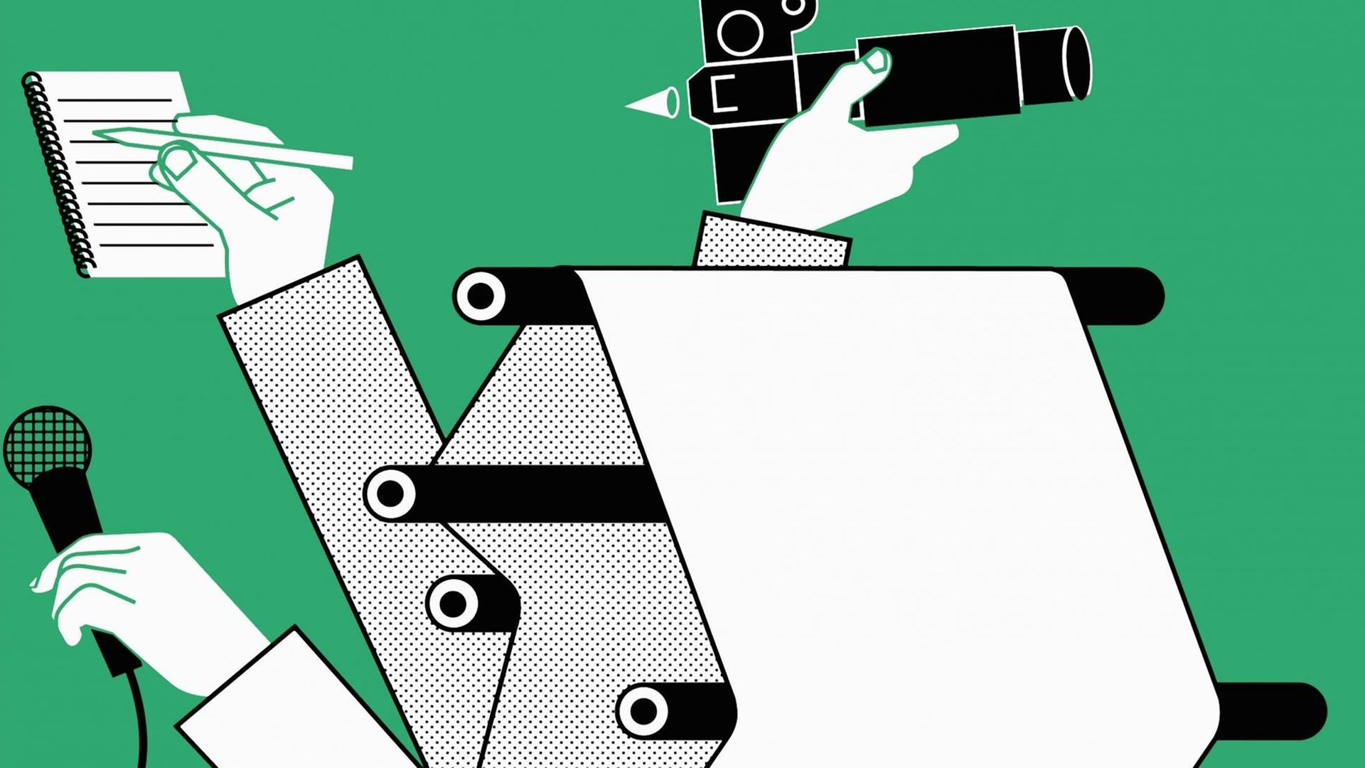 Illustration: Aus einer Druckerpresse ragen Arme mit Mikrofon, Notizblock und Kamera Illustration: Aus einer Druckerpresse ragen Arme mit Mikrofon, Notizblock und Kamera