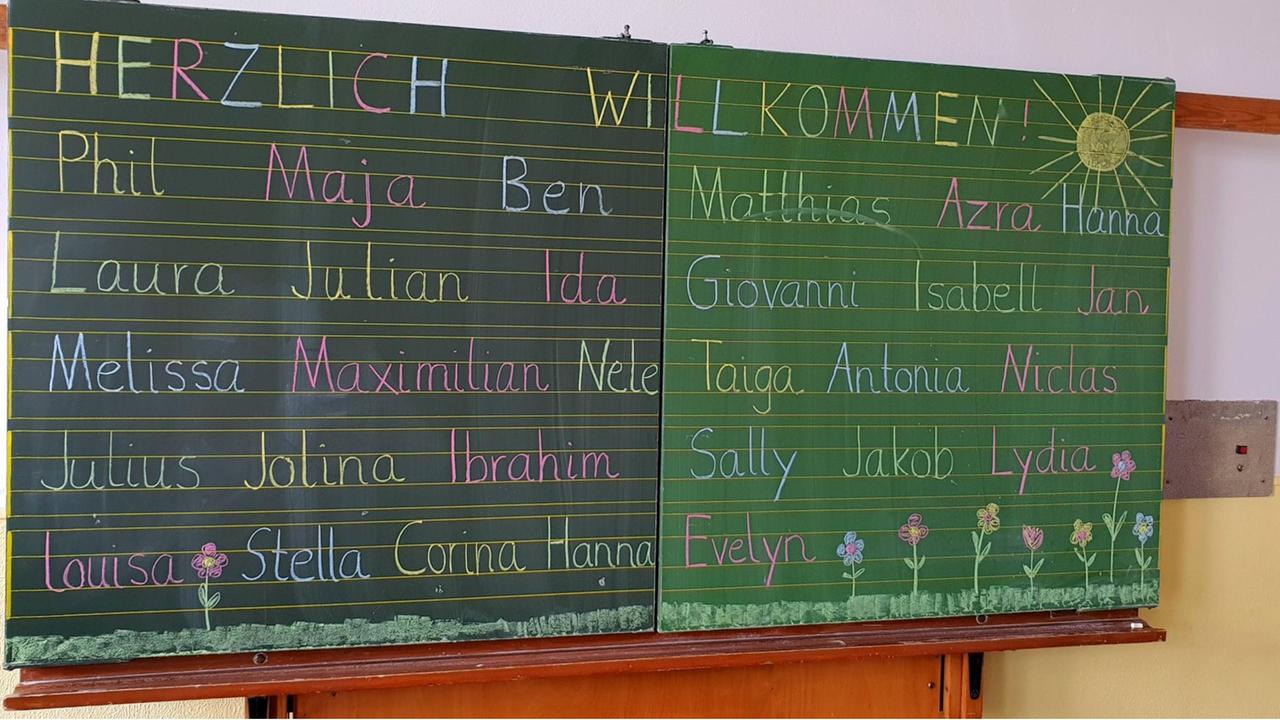 Erster Schultag an einer Grundschule: Die Namen der Erstklässler stehen an der Tafel Erster Schultag an einer Grundschule: Die Namen der Erstklässler stehen an der Tafel