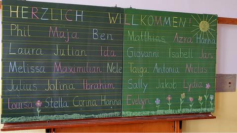 Erster Schultag an einer Grundschule: Die Namen der Erstklässler stehen an der Tafel