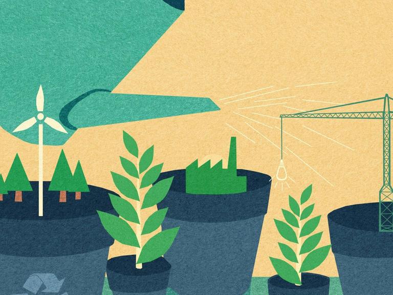 Grafik: Eine Gießkanne gießt Blumentöpfe, die symbolisch eine grüne Industrie darstellen.