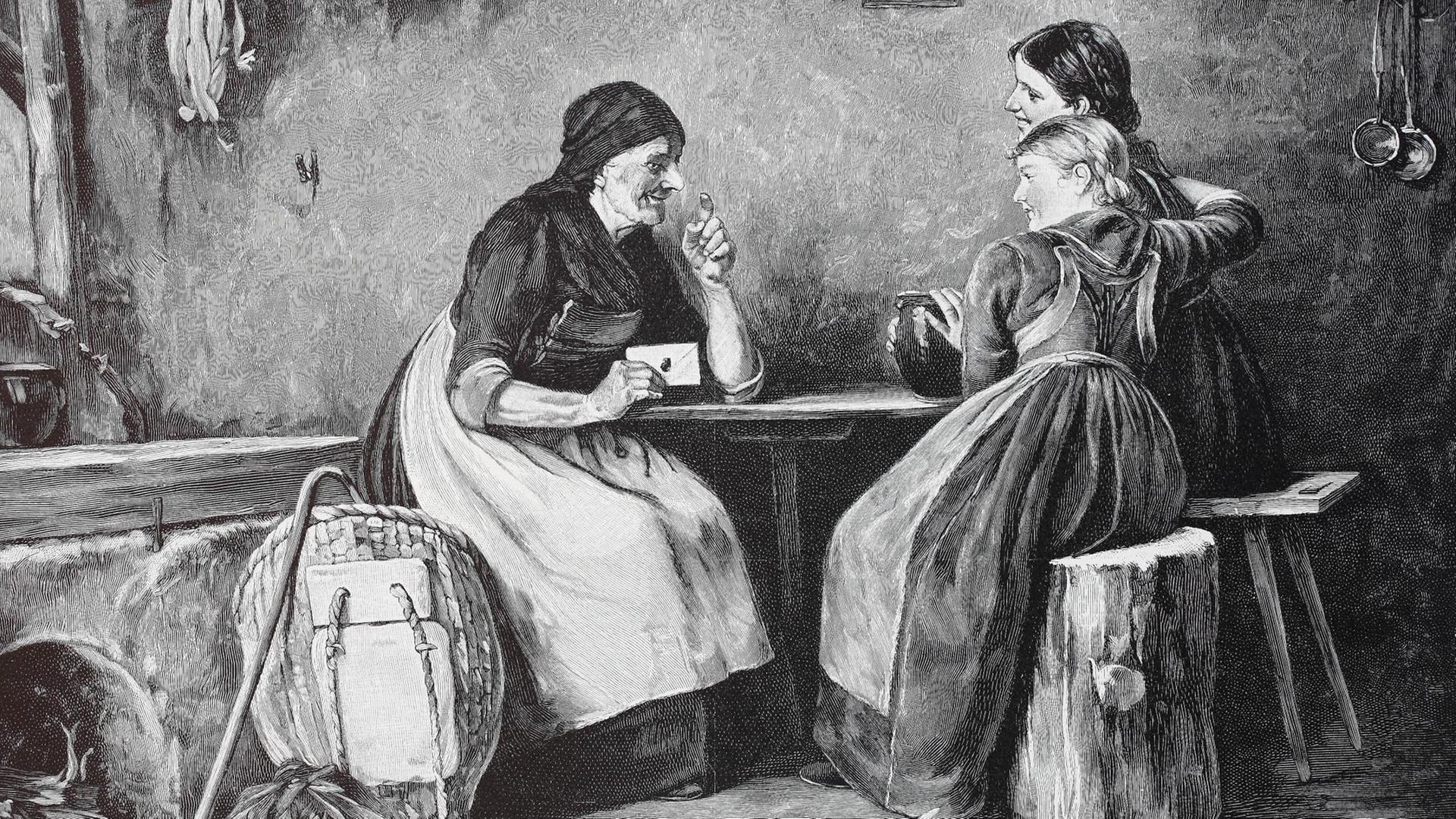 Die alte Botenfrau hat einen Liebesbrief vom Soldaten aus der Kaserne mitgebracht und gibt ihn der verliebten Frau. Reproduktion einer Originalvorlage aus dem 19. Jahrhundert, Originaldatum nicht bekannt. Die alte Botenfrau hat einen Liebesbrief vom Soldaten aus der Kaserne mitgebracht und gibt ihn der verliebten Frau. Reproduktion einer Originalvorlage aus dem 19. Jahrhundert, Originaldatum nicht bekannt.
