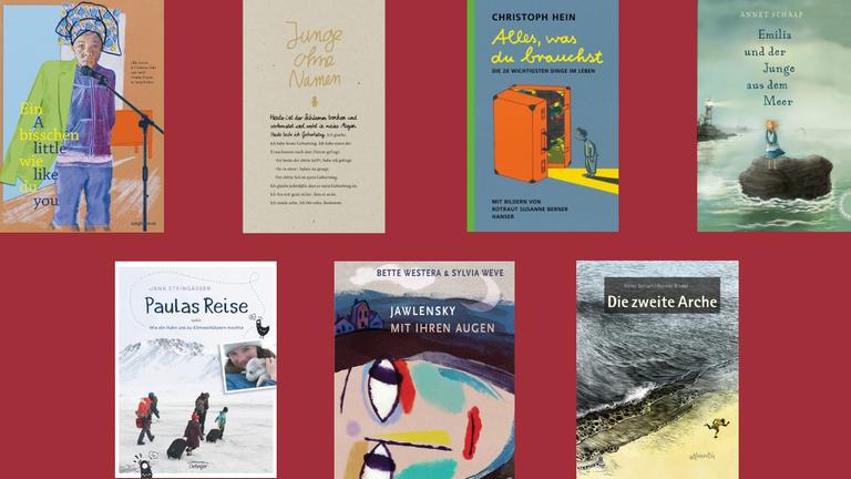 Das Ergebnis der Deutschlandfunk-Bestenliste im Monat Mai Vorgestellt von Christine Lötscher. Zu sehen sind die Cover der sieben vorgestellten Bücher.