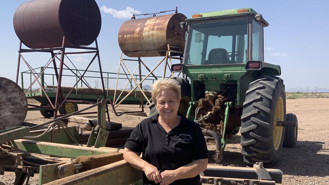 Eine kräftige ältere Frau mit kurzem blonden Haar steht vor Traktor mit Anhänger. Eine kräftige ältere Frau mit kurzem blonden Haar steht vor Traktor mit Anhänger.